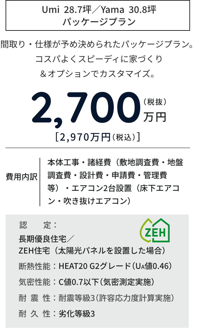 Umi  28.7坪／Yama  30.8坪　パッケージプラン